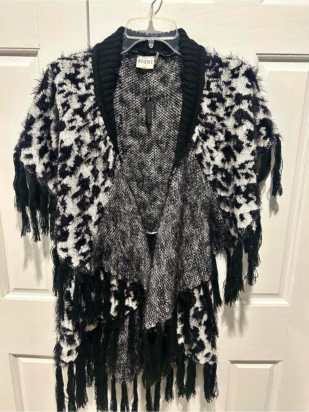 Sioni Black & White Fringe Knit Cape Cardigan